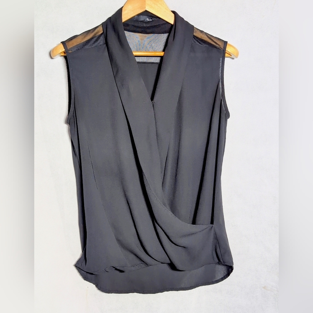 Ro & De Anthropologie Sz S Elegant Black Mesh Shoulder Sleeveless Drape Top